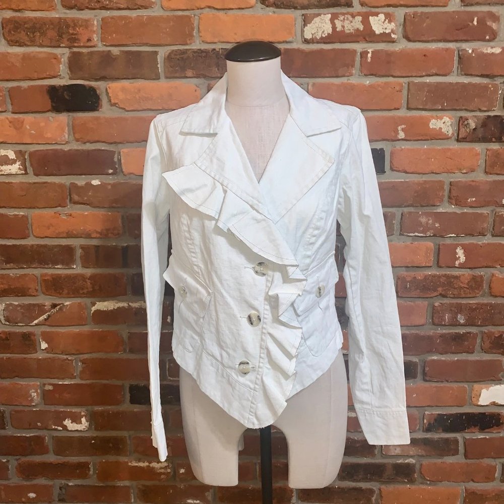 Cabi Womens White Waxed Linen Ruffle Jacket Size Small